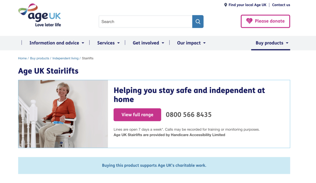 AgeUK stairlifts homepage screenshot