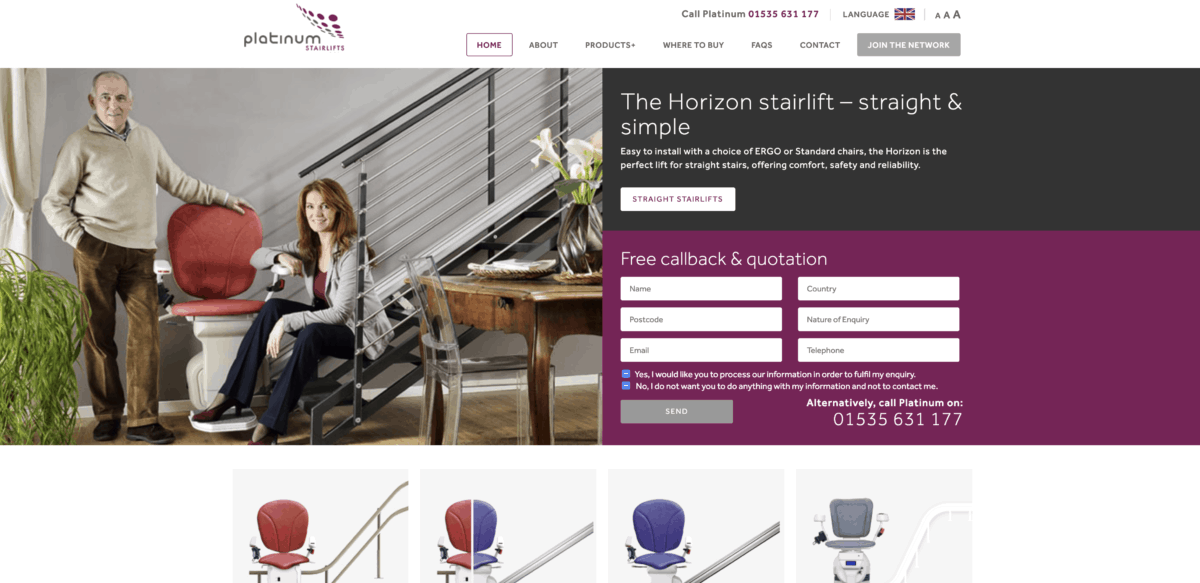 Platinum stairlifts homepage screenshot